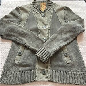 Ruff Hewn- brand, Vintage, Army green 100% cotton sweater cardigan w canvas trim